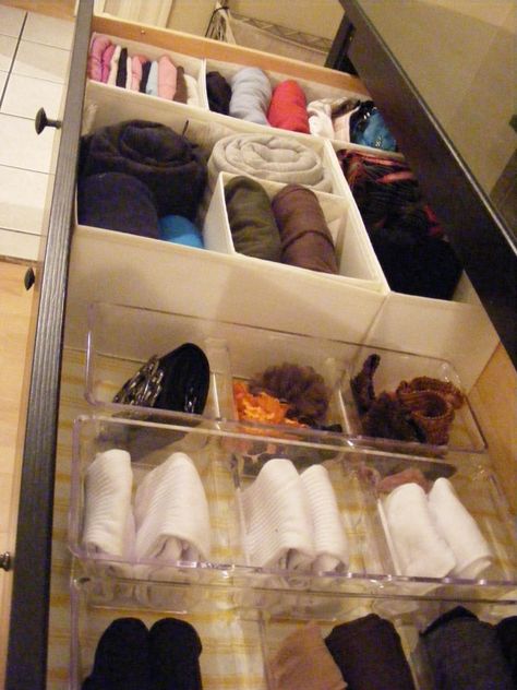 Or you could use drawer dividers, but these make the drawers feel much less stuffed — which makes it easier to find what you need. You could also use shoe boxes. Learn how to fold clothes like this here. Sock Drawer Organization, Small Curtain Rods, Organiser Son Dressing, Closet Transformation, Clutter Control, Sock Organization, Drawer Organization, Sock Drawer, Closet Rod