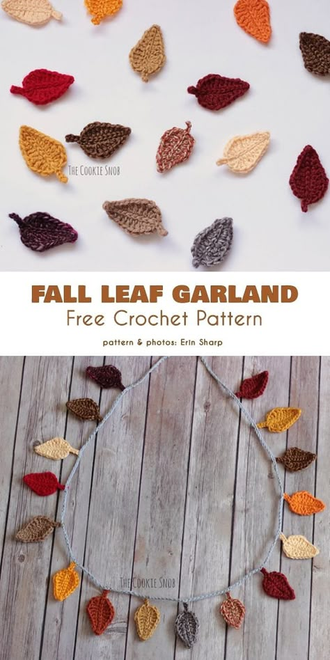 Fall and Thanksgiving Decorations with Free Crochet Patterns Crochet Leaf Garland, Crochet Fall Decor, Thanksgiving Garland, Thanksgiving Crochet, Autumn Crochet, Crochet Plants, Crochet Garland, Crochet Leaf Patterns, Homemade Clay