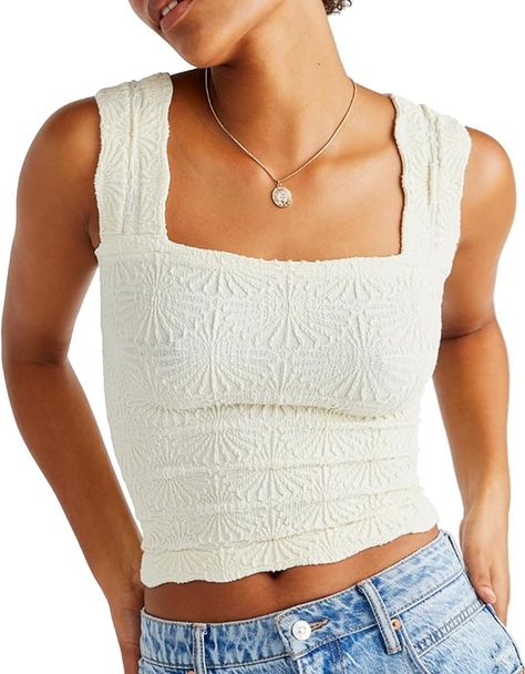 Amazon.com: Tank Top for Women Going Out Tops Free People Dupe Square Neck Crop Tops Flower Embroidery Cami Tops Beige, XS/S : Clothing, Shoes & Jewelry Cute Square Neck Tops, Flower Tank Top Outfit, White Square Neck Summer Top, Cute Fitted Tops, Cute Tank Top Outfits, Summer Tank Top Outfits, Ideas Decoracion Navidad, Thrift List, Flower Tank Top