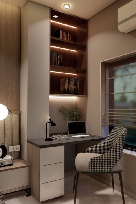 Modern Desk In Bedroom, Bedroom Ideas For Small Rooms With Study Table, Study Table Designs With Storage, Study Unit In Bedroom, Small Study Bedroom Ideas, Window Side Study Table, Computer Desk Setup Bedroom, Hidden Office In Bedroom, Bedroom Working Table