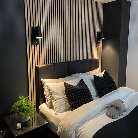 Panelling Headboard Bedroom, Acoustic Wall Panels Bedroom, Acoustic Panels Bedroom, Wood Panel Bedroom, Acoustic Wood Wall Panels, Bedroom Panelling, Bed Panels, Decorated Room, Condo Bedroom