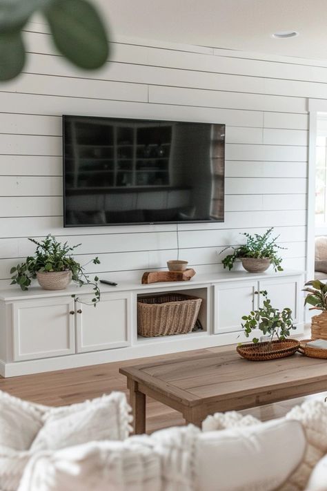 Chic Shiplap TV Wall Ideas for Your Living Space Shiplap Tv Wall Ideas, Modern Farmhouse Tv Wall, Farmhouse Living Room Tv Wall, Shiplap Tv Wall, Farmhouse Tv Wall, Farmhouse Shiplap Walls, Shiplap Living Room, Wall Behind Tv, Tv Wall Ideas