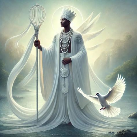 Obatala is one of the most revered orishas in the Yoruba spiritual tradition, symbolizing wisdom, purity, and peace. Known as the "King of the White Cloth," Obatala is associated with clarity, patience, and compassion, embodying calmness and tranquility. Often depicted as an elder, he is considered the father figure of the orishas and is seen as a divine creator who shaped humanity. Obatala is also a healer and protector, especially for those who seek justice or suffer from ailments, blindnes... Orisha Obatala, Yoruba Orishas, Orishas Yoruba, Royal Priesthood, White Cloth, African Diaspora, Father Figure, Beautiful View, The Covenant