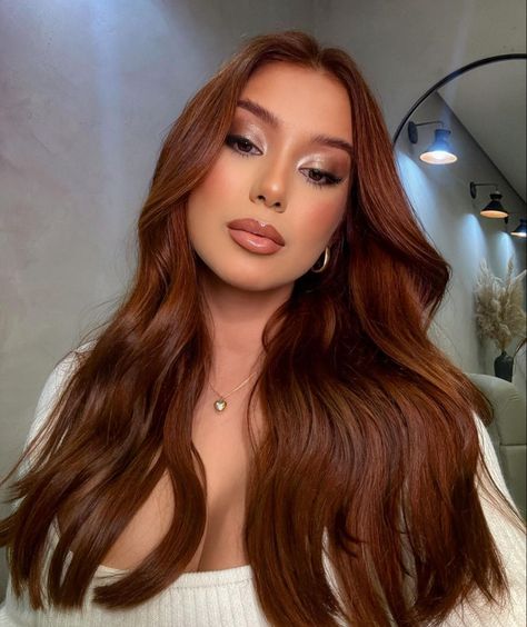 Dark Brown Auburn Hair With Highlights, Auburn Hair Color Brown Eyes, Ginger Chocolate Hair, Cooper Hair Color On Hispanic, Warm Olive Skin Tone Hair Color, California Copper Hair, Ginger Hair On Olive Skin, Copper Chocolate Hair, Auburn Hair Color Short