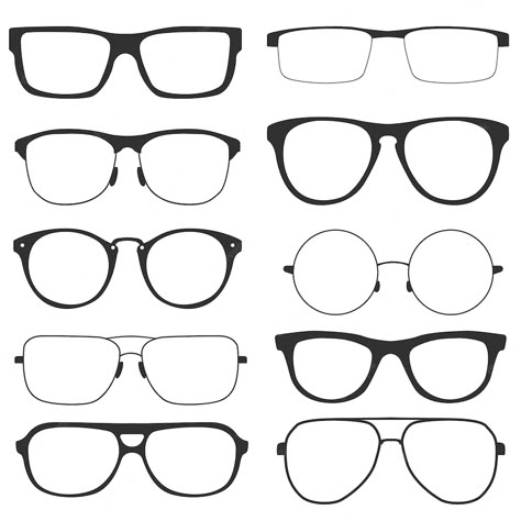 Premium Vector | Collection of modern glasses, isolated on white background. retro style glasses with black frames for men and women. vector illustration Glasses Frame Shapes, Glasses Reference Drawing, Glasses Drawing Reference, Glasses Template, Draw Glasses, Glasses Reference, Women Vector Illustration, Drawing Glasses, How To Draw Glasses