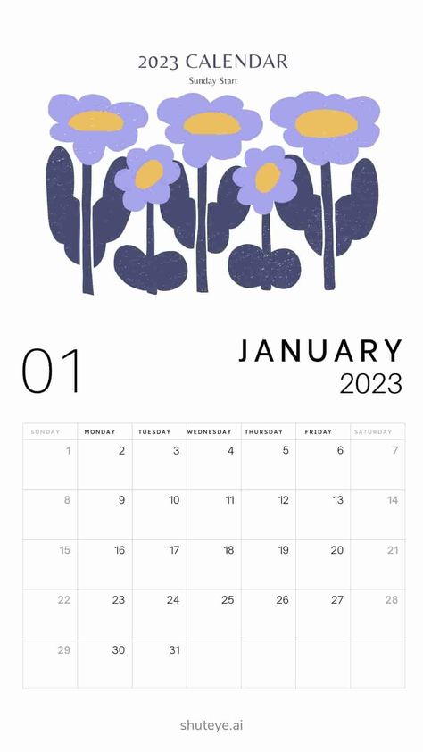 Printable January Calendar 2023 | Free Printable Calendars - ShutEye January Calendar Ideas, January Calendar 2023, 2023 Free Printable, Calender Printables, 2023 Printable, Free Printable Calendars, Calendar Design Template, February Calendar, January Calendar