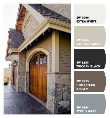 All the earth tones!  Looking to accent the beautiful natural stone on your home?  We love this color palette and the way the soft neutral tones enhance the darker browns and grays in the stone.  🤎🤍🖤 Exterior Color Schemes Brown, House Paint Exterior Colour Schemes, Exterior Siding Colors, Exterior Color Combinations, Best Exterior Paint, Exterior House Paint Color, House Paint Color Combination, Paint Color Combinations, Color Combinations Paint