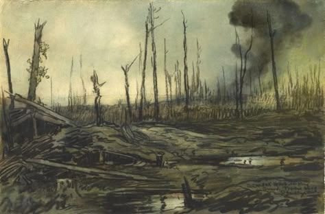 a view across a desolate and battle-scarred Somme landscape. There are flooded shell holes in the foreground, and clouds of smoke rising from the land in the distance. There are the shattered tree trunks of Bernafay Wood jutting out from the ground, an indication of what used to be a woodland area. Ww1 Battles, Ww1 Art, Apocalypse Aesthetic, Military Drawings, Fantasy Background, Oc Board, Tree Trunks, Fantasy Aesthetic, New Backgrounds