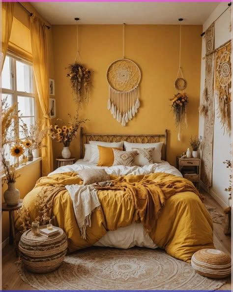 Yellow Boho Bedroom, Motel Makeover, Mustard Bedroom, Mustard Yellow Bedrooms, Scandinavian Bedroom Ideas, Bedroom Feature Wall, Earthy Blue, Themed Bedroom Ideas, Boho Bedroom Decor Ideas