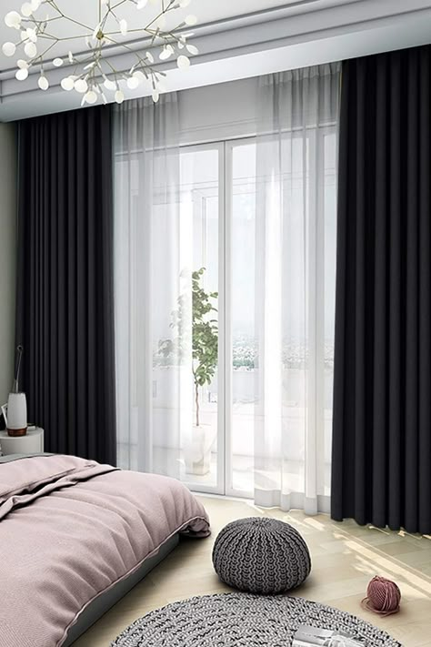 Black Out Curtains Bedroom Ideas, Black Curtains Living Room, Black Curtains Bedroom, Grey Curtains Bedroom, White Curtains Living Room, Decor Vision Board, Beautiful Bed Designs, Blackout Curtains Bedroom, Dark Curtains