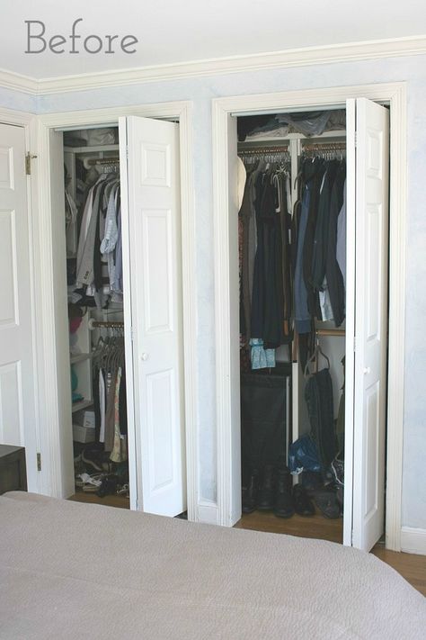 The "before" pic of this amazing closet makeover - I've got to do this to our closet!! Closet Door Alternative, Small Master Closet, Curtains For Closet Doors, Diy Closet Doors, Bedroom Closet Doors, Closet Small Bedroom, Ideas Closet, Closet Door Makeover, Fresh Bedroom