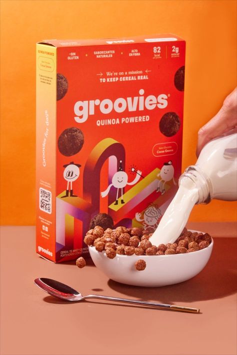 Commercial Product Photography for Groovies, a cereal brand. Super vibrant, colorful and great "ready to eat" compositions. Oatmeal Product Photography, Cereal Box Photography, Cereal Branding Design, Cereal Creative Ads, Cereal Product Photography, Retro Product Photography, Packaged Food Product Photography, Cereal Branding, Cereal Photography