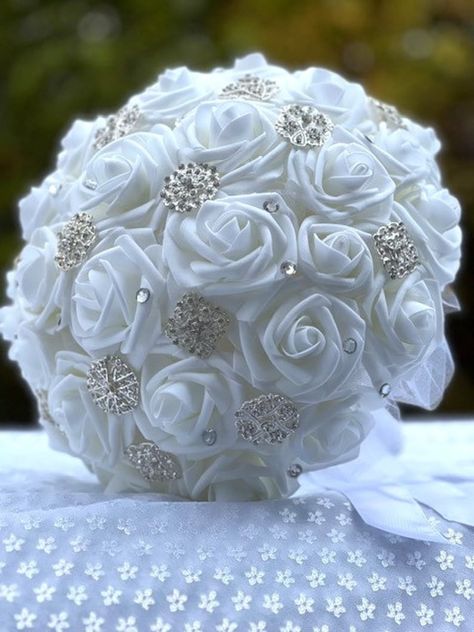 Bride's White Bling Brooch Bouquet, 11 In. Artificial Real Touch Roses, Crystals, Rhinestone Brooches, White Rose Bridal Bouquet, Crystals - Etsy Poland White Rose Bridal Bouquet, Long Beach Ny, Rose Bridal Bouquet, Brooch Bouquet, Rhinestone Brooches, White Rose, Quince, White Roses, Bridal Bouquet