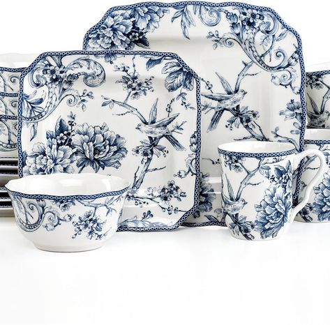 Blue Toile Plates, 222 Fifth Dinnerware, Ivory Backdrop, Blue And White Dinnerware, Flowering Branches, White Dinnerware Set, Vase Deco, Square Dinnerware Set, Toile Pattern