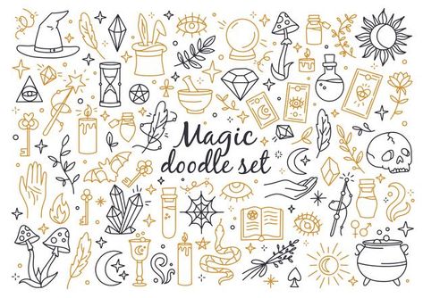 A magical set of doodle style icons line... | Premium Vector #Freepik #vector #halloween Bujo Magic Theme, Easy Witchy Doodles, Magic Doodles Simple, Witch Doodles Easy, Mystical Doodles, Tarot Doodles, Witchy Doodles Simple, Witchcraft Doodles, Crystal Doodles