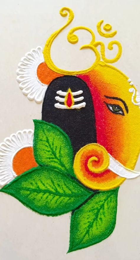 Rangoli For Ganpati Bappa, Rangoli Ideas For Ganesh Chaturthi, Shiv Ganesh Rangoli, Ragoli Color Design Ganpati, Radha Krishna Rangoli Designs Latest, Ragoli Color Design Krishna, Easy Cute Rangoli, New Easy Rangoli Design, Ganeshji Rangoli Designs Latest