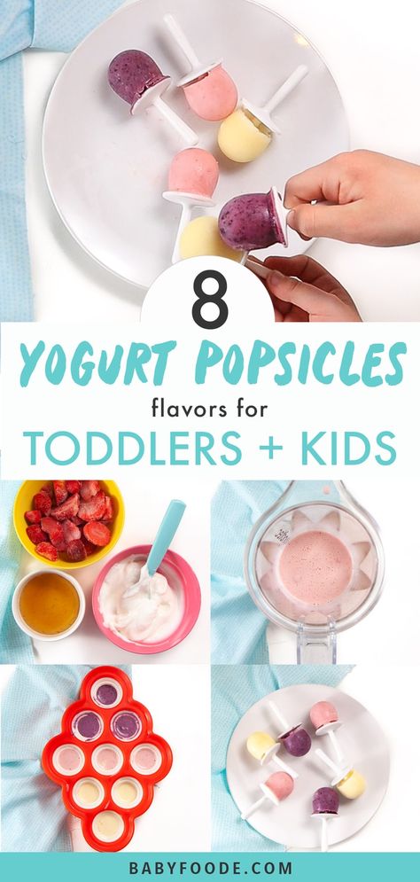 These Yogurt Fruit Popsicles are the perfect healthy treat for baby, toddler and kids this summer! They are easy to make with only 3-ingredients and with a prep time of less than 5 minutes. PLUS.. I give you 8 easy fruit flavors you have to try! #baby #toddler #kids #popsicles #frozen #dessert #healthy Yogurt Fruit Popsicles, Popsicles For Toddlers, Kids Popsicles, Baby Popsicles, Popsicle Recipe For Kids, Easy Popsicle Recipes, Kids Yogurt, Cauliflower Chowder, Healthy Popsicle Recipes