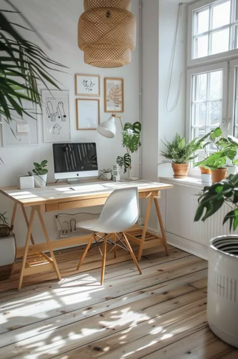 Scandi Style Office, Colorful Minimalist Office, Home Office Scandinavian Style, Trading Office Setup, Scandinavian Office Desk, Scandi Home Office, Alcove Office, Scandinavian Study Room, Private Practice Therapy Office