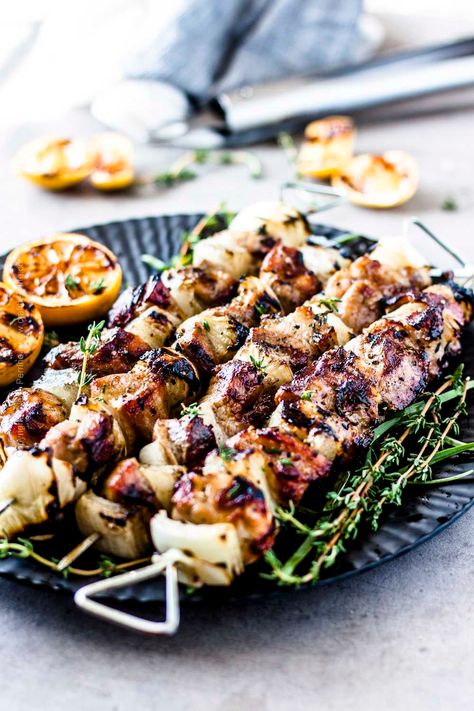 Easy Marinated Pork Skewers (Grilled or Oven Baked) | Craft Beering Bbq Pork Skewers, Pork Skewers Oven, Pork Shish Kebabs On The Grill, Pork Souvlaki Oven, Pork Kebabs On The Grill, Pork Kebabs In The Oven, Pork Skewers Marinade, Pork Kabobs In The Oven, Pork Skewers Kabobs