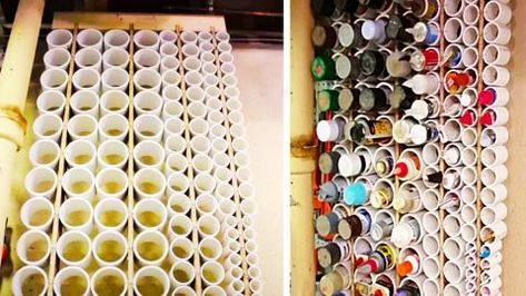 Pvc Paint Storage, Pvc Shelves Diy Storage Racks, Paint Storage Diy, Craft Room Hacks, Pvc Pipe Storage, Spray Paint Storage, Paint Organizer, Pipe Storage, Diy Storage Projects