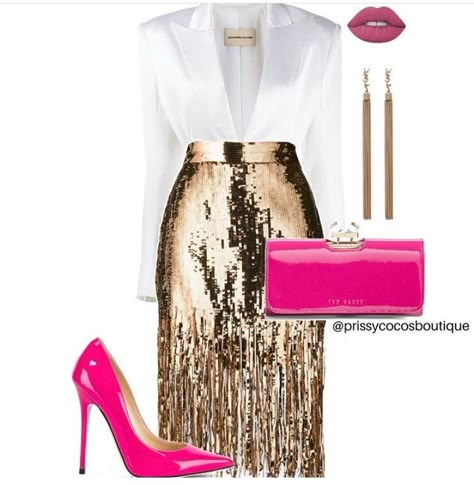 Atlanta Casual Outfit, Outfits With Skirts For Fall, Outfit For Jazz Club Night Out, 50th Birthday Party Dress, What To Wear To A Birthday Party, Outfits For Birthday Party, Gold Skirt Outfit, Sequin Outfit Ideas, Afrikaanse Mode