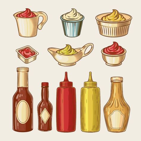 Aesthetic Treats, Yogurt Sour Cream, Kitchen Mural, Different Sauces, Chicken Brands, Cobbler Aprons, Bottle Drawing, Food Illustration Art, Anime Boy Sketch