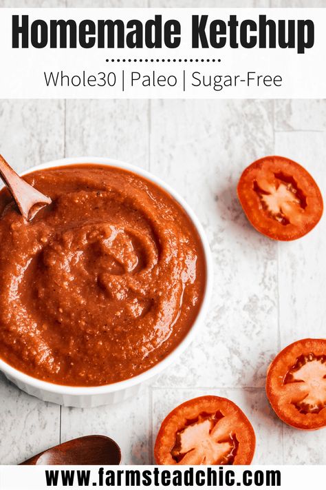 Sweet and spicy, thick and robust, this Paleo & Whole30 Ketchup is made with a handful of basic pantry staples (plus dates) and so much healthier than the regular storebought junk. #farmsteadchic #whole30approved #paleodiet #eatrealfood #homemadeketchup Whole 30 Ketchup, Whole30 Ketchup, Paleo Ketchup, Paleo Sauces, Ketchup Recipe, Delicious Paleo Recipes, Homemade Ketchup, Condiment Recipes, Ditch The Carbs