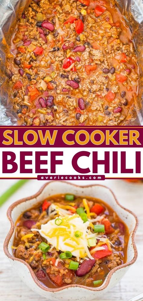 Slow Cooker Beef Chili (Classic Beef Chili Recipe!) - Averie Cooks Potluck Recipes Crockpot, Slow Cooker Beef Chili, Slow Cooker Chili Beef, Slow Cooker Chili Recipe, Beef Chili Recipe, Best Comfort Food Recipes, Averie Cooks, Hearty Comfort Food, Beef Chili