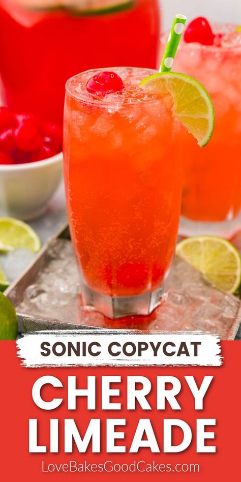 Sonic Copycat Cherry Limeade recipe Refresher Drinks, Cherry Limeade Recipe, Sonic Cherry Limeade, Limeade Drinks, Sonic Drinks, Limeade Recipe, Maraschino Cherries, Drink Recipes Nonalcoholic, Cherry Limeade