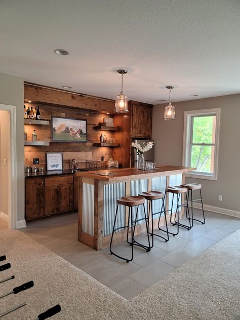 Farmhouse Bar Basement, Back Bar Ideas Basements, Basement Bar Remodel Before And After, Bar Area In Garage, Lake House Basement Bar, Wood Bar Ideas For Home, Simple Bar Ideas For Home Basement, Basement Bar Ideas With Full Size Refrigerator, Modern Farmhouse Bar Area