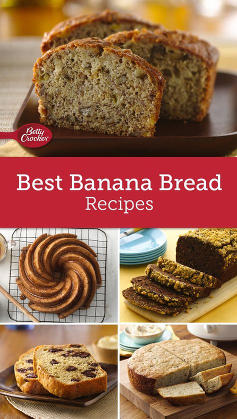 Who knew there were so many great ways to use up very ripe bananas? We’ve rounded up every banana bread recipe you could ever need — really! From Betty’s top-rated classic banana bread to variations like whole grain, gluten-free and vegan, and flavor twists like blueberry or chocolate-peanut butter there truly is a banana bread recipe for everyone. Looking for a lighter version? Or an unexpected recipe like banana bread muffins or bundt cake? We’ve got those, too! Betty Crocker Banana Bread Recipe, Betty Crocker Banana Bread, Bread Starter Recipe, Amish Friendship Bread Starter Recipes, Perfect Banana Bread, Vegan Banana Bread Recipe, What To Bake, Classic Banana Bread, Peanut Butter Banana Bread