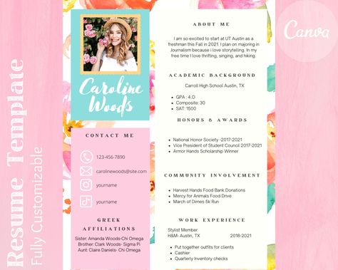 Colorful Resume Template -- Sorority Recruitment Template Creative Resume Template Canva Resume Instant Download Modern The Octavian Sorority Recruitment Resume, Sorority Rush Resume, Sorority Resume Examples, Rush Resume, Dream Company, College Resume Template, Canva Resume, Sorority Resume, Colorful Template