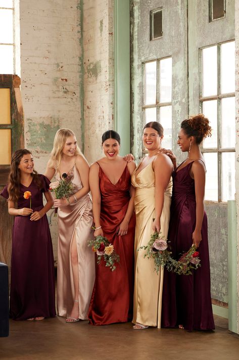 Mismatched galina signature bridesmaid dresses for bridesmaids and junior bridesmaids in red, pink and gold tones. Vintage Mismatched Bridesmaid Dresses, Gem Tones Bridesmaid Dresses, Cherry Bridesmaid Dresses, Color Coordinated Bridesmaid Dresses, Bridesmaids Colour Palette, Mix And Match Fall Bridesmaid Dresses, Gold And Red Bridesmaid Dresses, Bridesmaid Dresses Mixed Colors, Gem Colored Bridesmaid Dresses