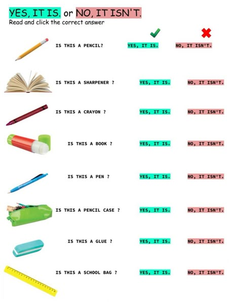 Yes, it is or No, it isn't - Interactive worksheet Is It A Worksheet, Is Isn't Worksheet, Yes It Is No It Isn't Worksheet, Yes No Questions Worksheet, Teaching Vowels, School Objects, English Grammar For Kids, Reading Comprehension Kindergarten, Language Therapy Activities