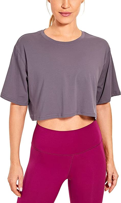 CRZ YOGA Women's Pima Cotton Workout Crop Tops Short Sleeve Yoga Shirts Casual Athletic Running T-Shirts Graphite Green Large at Amazon Women’s Clothing store Baggy Crop Top, Athletic Crop Top, Crz Yoga, Japan Outfit, Tops Short Sleeve, Baggy Style, Workout Crop Top, Yoga Tank Tops, Casual Athletic