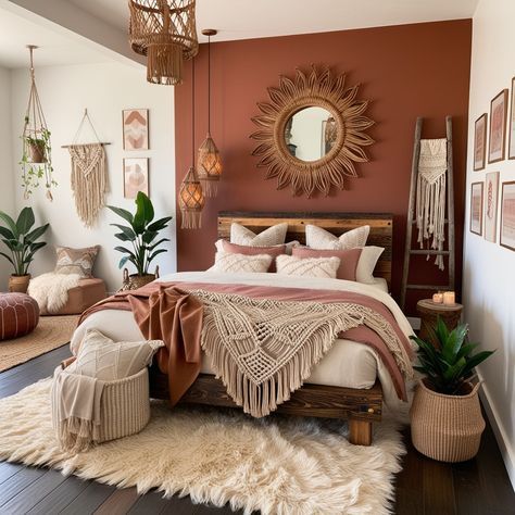 Pink Grey Boho Bedroom, Terracotta Pink And Green Bedroom, Boho Red Bedroom, Terracotta Guest Bedroom, Terracotta And Beige Bedroom, Terracotta And Cream Bedroom, Warm Orange Bedroom, Pink Terracotta Bedroom, Boho Terracotta Bedroom