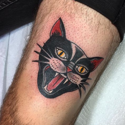 Black Cat Hissing Tattoo, Traditional Cat Tattoo Black And White, Americana Cat Tattoo, Traditional Cat Face Tattoo, Japanese Black Cat Tattoo, Cat Hissing Tattoo, Black Cat Face Tattoo, Hissing Cat Tattoo, Cat Knee Tattoo