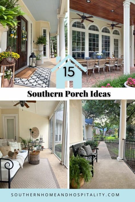 Bring a touch of welcoming Southern hospitality to your home with these porch and patio ideas to create charming, inviting, and relaxing outdoor spaces! Traditional Front Porch Ideas, Southern Front Porch Decor, Southern Back Porch, Southern Front Porch Ideas, Southern Home Exterior, Southern Front Porches, Southern Front Porch, Relaxing Outdoor Spaces, Southern Style Homes