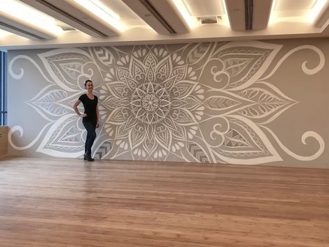 Natural Yoga Studio Mandala Mural by Urbanheart seen at Century Avenue, Pudong Xinqu | Wescover Mandala Wall Art Murals, Yoga Studio Design Ideas, Yoga Studio Interior, Yoga Room Design, Home Yoga Room, Yoga Meditation Room, Meditation Studio, Yoga Studio Design, Meditation Room Decor