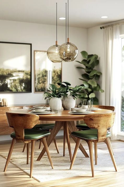 40 Stunning Mid Century Modern Dining Room Decor Ideas | VIVA Dining Room Lighting Over Table Ideas, Light Fixture Dining Table, Scandi Boho Dining Room, Eclectic Boho Dining Room, Mid Century Modern Boho Dining Room, Mid Century Table Setting, Modern Kitchen And Dining Room Ideas, Modern Cozy Dining Room, Minimalist Dining Room Light Fixture