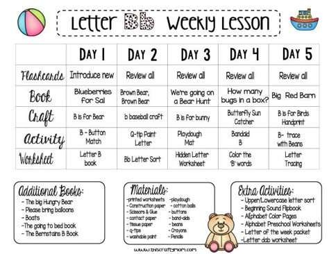 Letter B Weekly Lesson Plan - Letter of the Week (2) - This Crafty Mom Childcare Themes, Alphabet Lesson Plans, Preschool Planner, Preschool Weekly Lesson Plans, Weekly Lesson Plan, Daycare Lesson Plans, Weekly Themes, Toddler Lessons, Lesson Plans For Toddlers