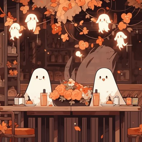 Autumn Ghost, Halloween Digital Art, Halloween Posters, Halloween Wallpaper Cute, Cozy Halloween, Fall Night, Ghost Lights, Cute Ghosts, Art Mignon