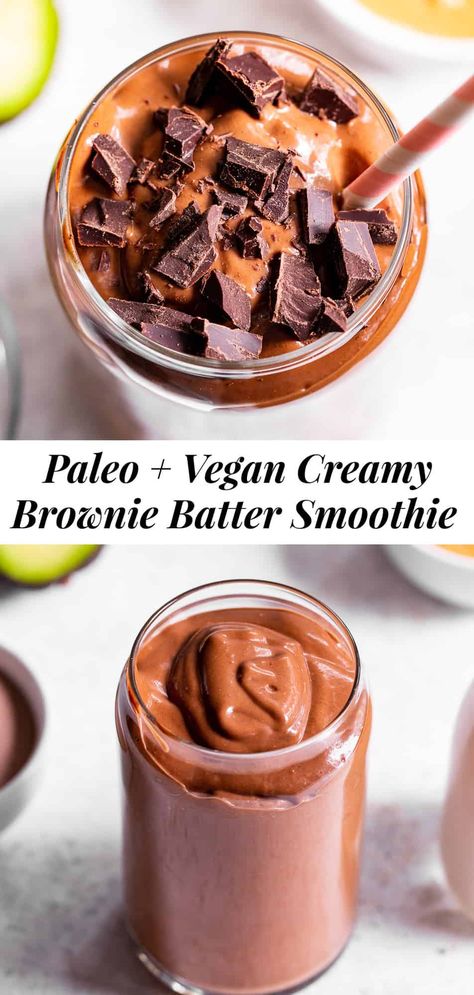 This creamy brownie batter chocolate smoothie is packed with good for you ingredients but tastes like dessert!  Have it for breakfast, a snack, or healthy dessert.  It's paleo friendly, dairy free, vegan and free of refined sugar.  Add your favorite chocolate protein powder for an extra chocolate kick! #paleo #vegan #cleaneating Whole 30 Smoothies, Paleo Chocolate Recipes, Paleo Baking Recipes, Best Vegan Protein Powder, Chocolate Protein Smoothie, Paleo Running Momma, Chocolate Smoothie Recipes, Cheesecake Smoothie, Best Vegan Protein