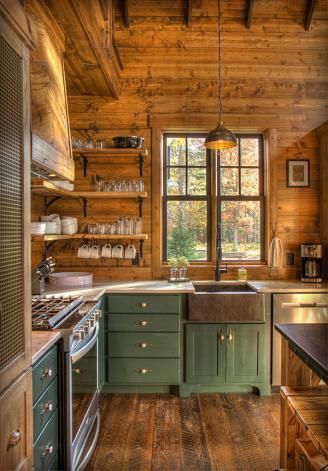 Land's End Development Plank Wallpaper, Log Cabin Kitchens, Dapur Rustic, Wood Plank Wallpaper, Log Home Kitchens, Peel And Stick Wood, Cabin Interiors, Cabin Kitchens, Shelf Liner