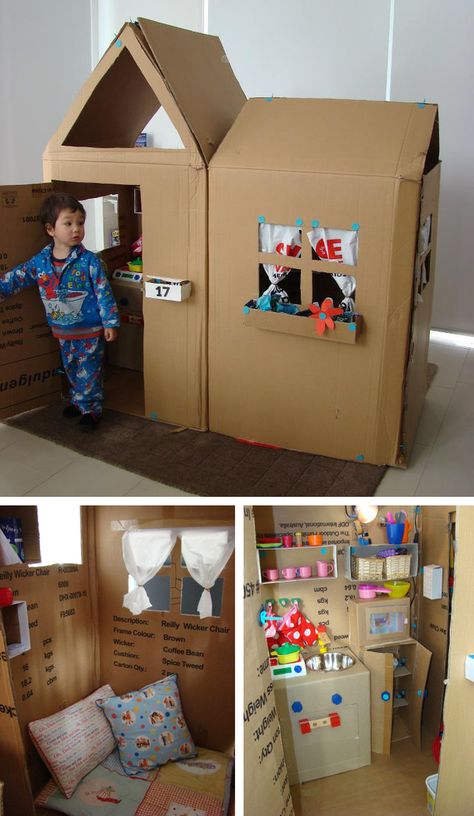 Construct the most boss fort of all time. | 27 Creative And Inexpensive Ways To Keep Kids Busy This Summer Cardboard Playhouse, Tablet Weaving, Cardboard House, Diy Cardboard, Cardboard Crafts, Play House, Business For Kids, Diy Toys, Play Houses