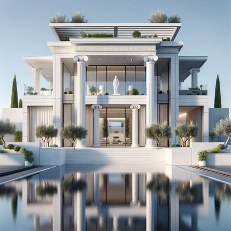 Designs for a modern private residences with an influence from ancient Greek architecture Greek Architecture Modern, Greek Style House Exterior, Greek Modern House, Ancient Greek Style Home, Greek Style Architecture, Modern Indian House Design, Roman Style House, Greek Mansion, Modern Greek House