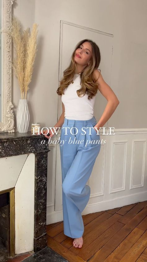 elisalevallois on Instagram: How to style a baby blue pants 💙 5 ways : which one is your fav ? #fashioninspirations #outfitofthedaybabe #ootdmag #parisiangirl… Light Blue Trousers Outfit, Blue Pants Outfit Work, Blue Wide Leg Pants Outfit, Blue Trousers Outfit, Blue Leggings Outfit, Blue Pants Outfit, Baby Blue Pants, Pants Outfit Work, Light Blue Pants