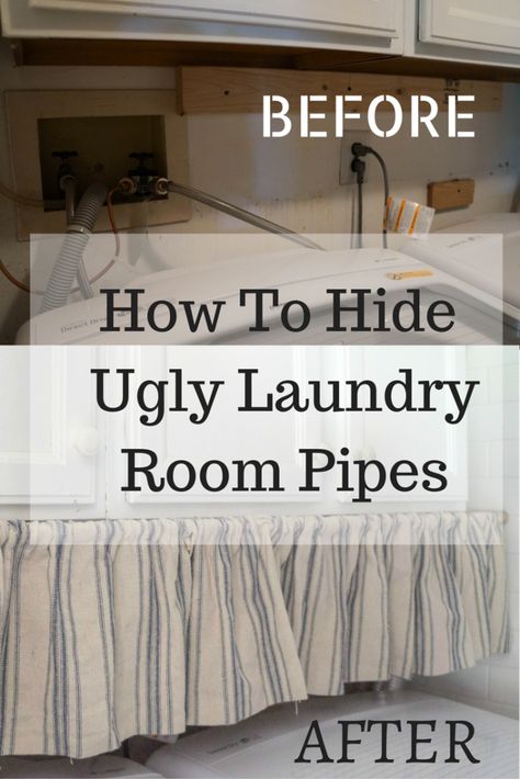 How to Hide Ugly Laundry Room Pipes Ideas To Hide Pipes On Wall, Unfinished Laundry Room, Unfinished Basement Laundry, Laundry Room Curtains, Hidden Laundry Rooms, Basement Laundry Room Makeover, Furnace Room, Hide Pipes, Hidden Laundry