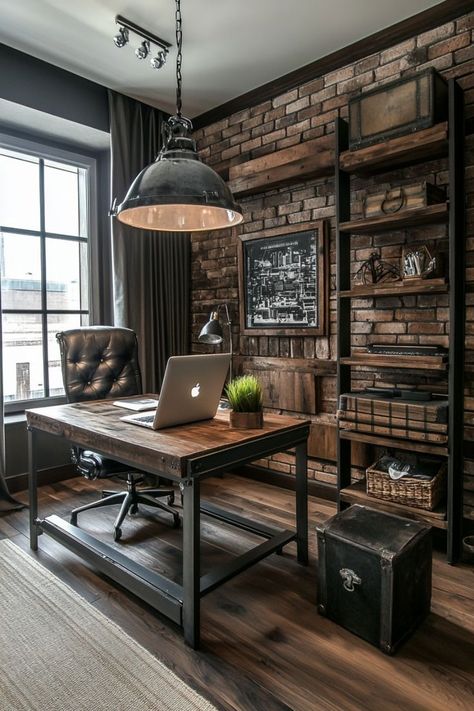 Boost Productivity with Industrial Home Office Ideas 🖥️✨ Design a functional and stylish home office with industrial decor. Use metal accents, reclaimed wood, and minimalist furniture. 🌿🏢 #IndustrialOffice #HomeOffice #Productivity #HomeDecor Dark Academia Industrial, Minimalist Industrial Interior Design, Industrial Home Office Design, Imac Office, Industrial Interior Design Office, Industrial Home Office, Home Office Industrial, Modern Industrial Home, Writers Room