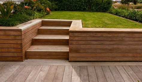 Modern Wood Retaining Wall, Courtyard With Retaining Wall, Garden Retention Wall, Wood Retaining Wall Sloped Yard, Wood Retention Wall Landscaping, Cedar Retaining Wall, Retaining Wall Cladding, Garden Wall Wood Cladding, Garden Wall Cladding Ideas